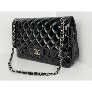 Chanel Patent Quilted Jumbo Single Flap Bag Black with Silver Hardware B-2